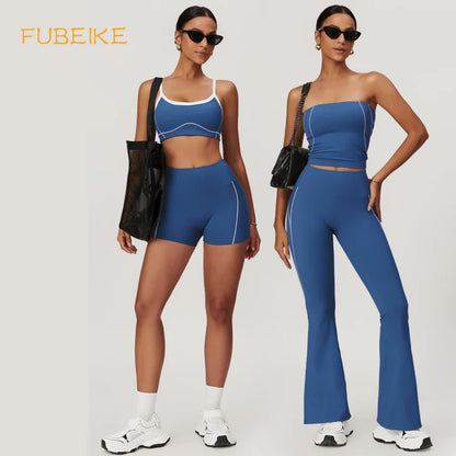 Conjunto deportivo de yoga FUBEIKE para mujer, de verano, color nude, ajustado, con espalda descubierta, ideal para gimnasio, ropa deportiva para mujer, para correr al aire libre.