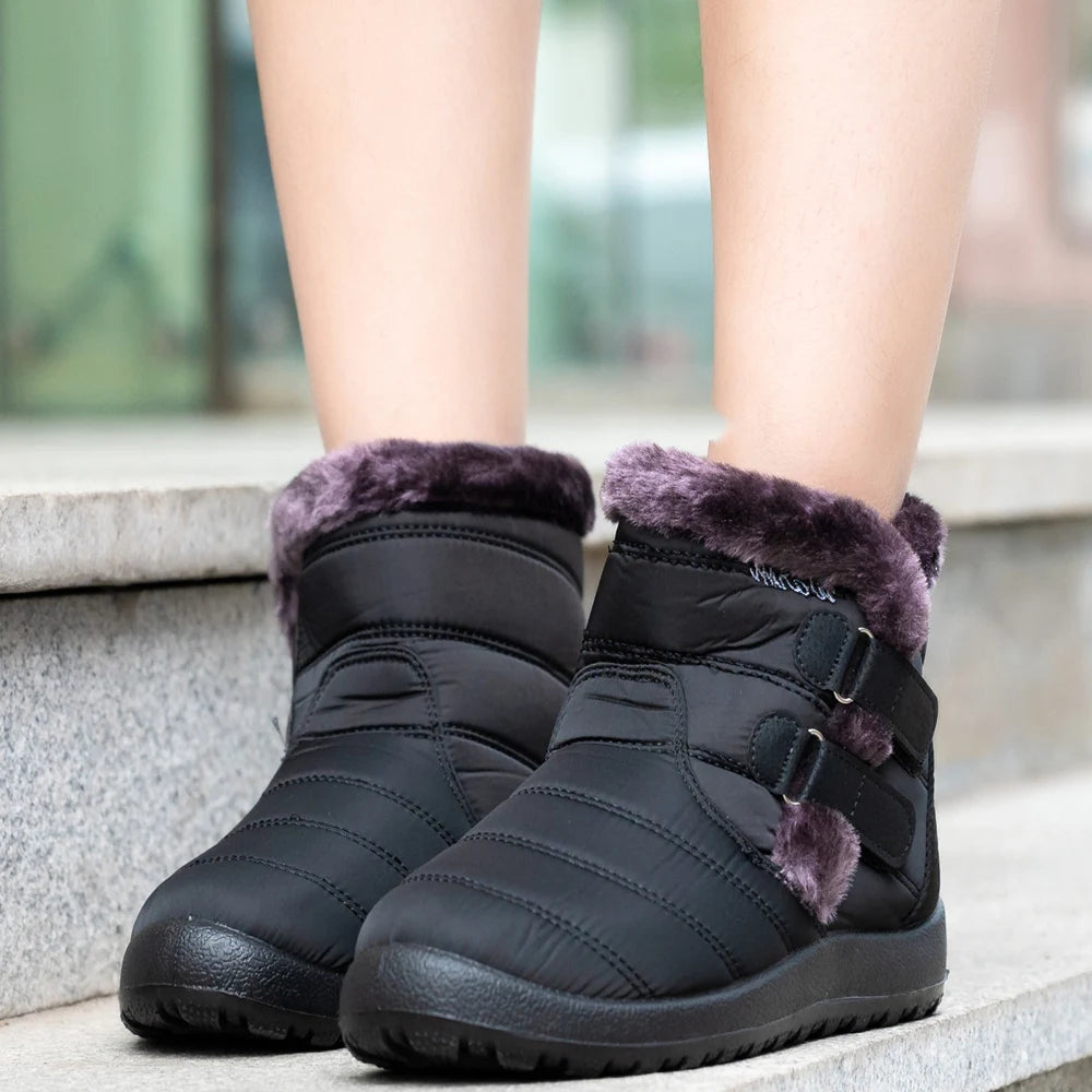 Botas de nieve cálidas de piel para mujer, botines de tobillo de talla grande, informales, planos, de invierno, antideslizantes, a la moda, impermeables