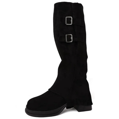 Botas vintage para mujer, con hebilla de cinturón extraíble, para otoño e invierno, con tacón grueso, elegantes y largas.