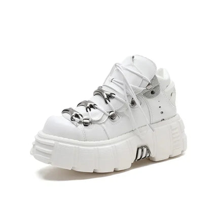 Zapatos de cuero estilo punk para mujer, con cordones, tacón de 6 cm de altura, plataforma, botines góticos para mujer, botas de motociclista de PU, zapatillas de suela gruesa