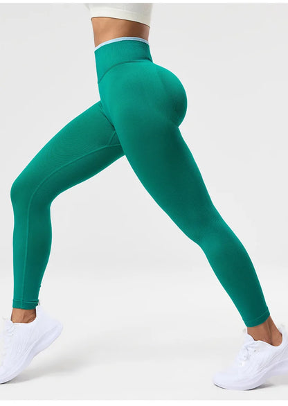 VEQKING Color Contrast Sports Women Yoga Pants Ignite Sculpt Scrunch Sports Leggings Seamless Push Up Gym Elastic Workout Tights