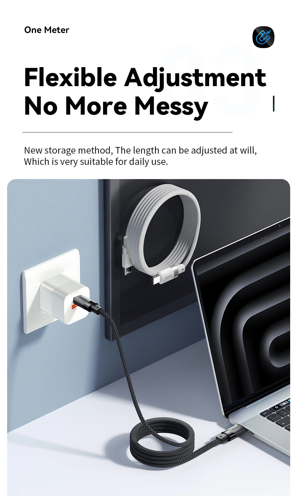 Cable de carga rápida USB-C a C Essager PD de 100 W con succión magnética y antienrollamiento para iPhone 15, portátil y Samsung.