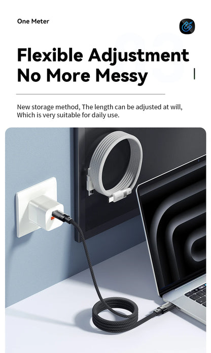 Cable de carga rápida USB-C a C Essager PD de 100 W con succión magnética y antienrollamiento para iPhone 15, portátil y Samsung.