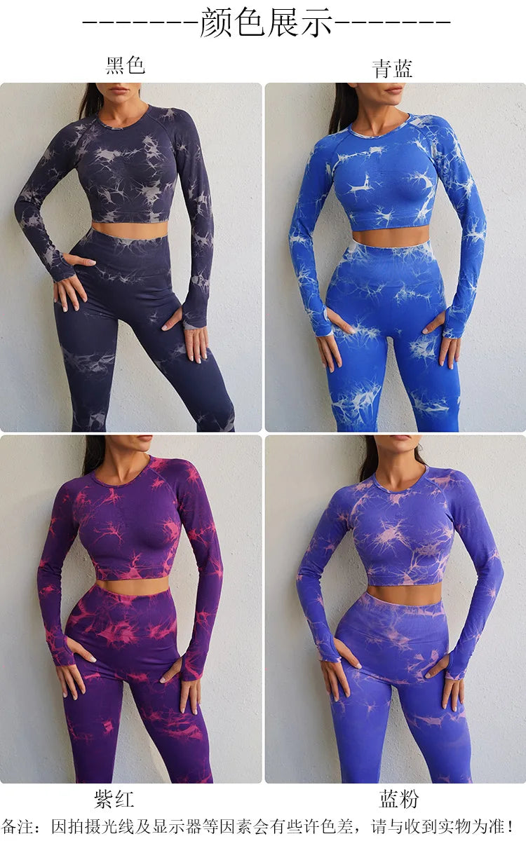 VEQKING - Ropa de yoga teñida para mujer, top corto de manga larga, pantalones de yoga de cintura alta, conjuntos deportivos, ropa de gimnasio de secado rápido