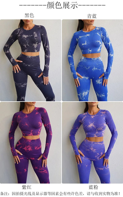 VEQKING - Ropa de yoga teñida para mujer, top corto de manga larga, pantalones de yoga de cintura alta, conjuntos deportivos, ropa de gimnasio de secado rápido