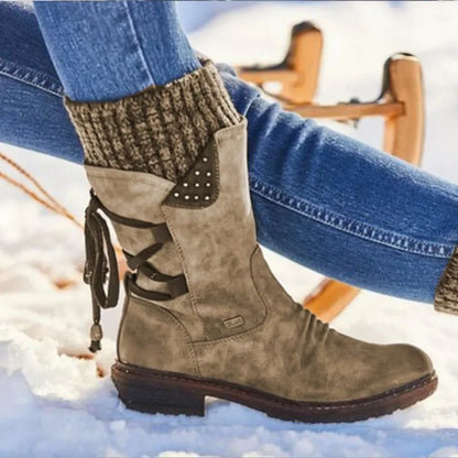 Botas de invierno a media pantorrilla para mujer, zapatos de invierno, botas de nieve a la moda para mujer, botas altas de gamuza cálidas 2025