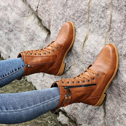 Botines de tacón cuadrado para mujer, botas de trabajo cortas de piel sintética para otoño e invierno, botas elásticas con cordones de talla grande para mujer 2024