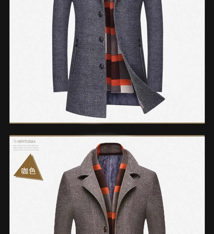 Abrigo de lana grueso con cuello tipo bufanda para hombre, ideal para otoño/invierno. Chaqueta de lana de alta calidad, estilo moderno y corte medio.