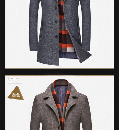 Abrigo de lana grueso con cuello tipo bufanda para hombre, ideal para otoño/invierno. Chaqueta de lana de alta calidad, estilo moderno y corte medio.
