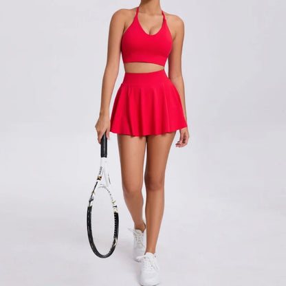 Conjunto de yoga para mujer, sujetador deportivo para exteriores, falda de tenis antiexposición, camiseta sin mangas de yoga transpirable de secado rápido, novedad de 2025