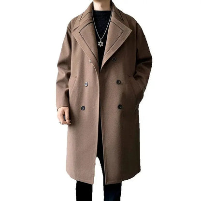 Trench Men Long Woolen Coats Autumn Winter Fashion Turn Down Collar Casual Outwear Male Double Breasted Loose Solid Chic Coat