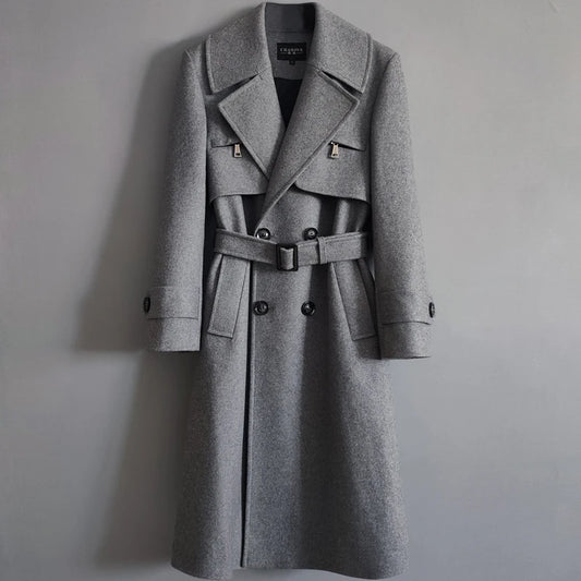 Gabardina cruzada de otoño para hombre, mezcla de lana de invierno, de alta calidad, a la moda, con cremallera, informal, ajustada, de color liso.