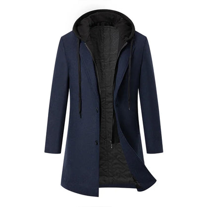 Autumn Winter Men's Wool Trench Coat Fashion Hooded Warm Long Woollen Coats Business Casual Turn Down Collar Woolen Blend Men