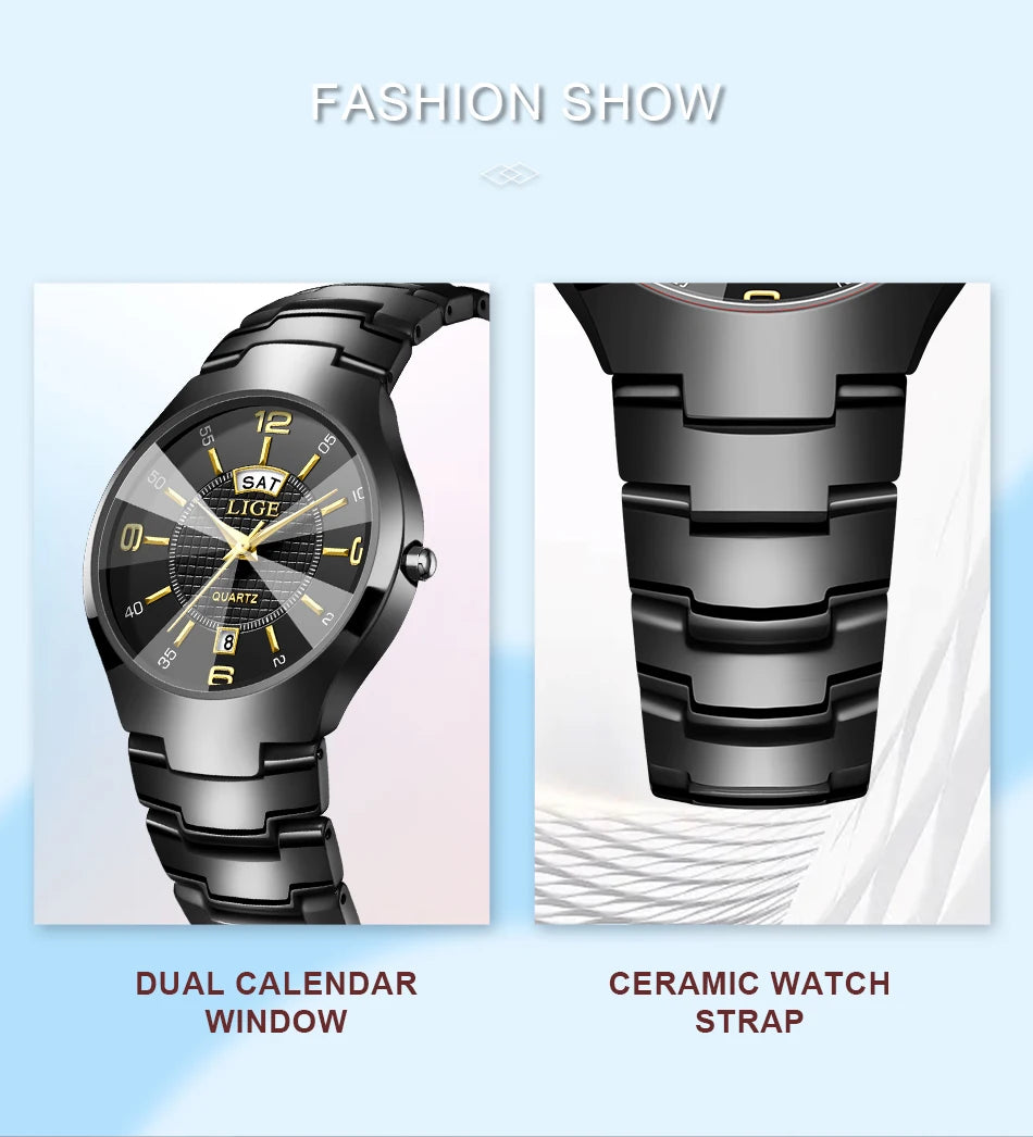 Reloj de cuarzo de cerámica de moda LIGE para mujer, reloj deportivo informal con fecha semanal, reloj creativo de acero resistente al agua para mujer