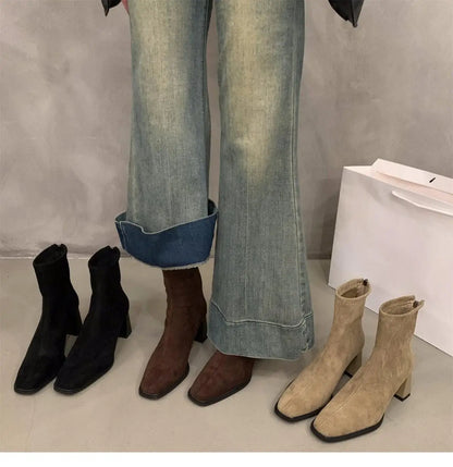 Vintage Women Ankle Boots 2024 Fashion Square Toe Thick High Shoes Autumn Winter New Ladies Elegant Stretch Slim Short Booties