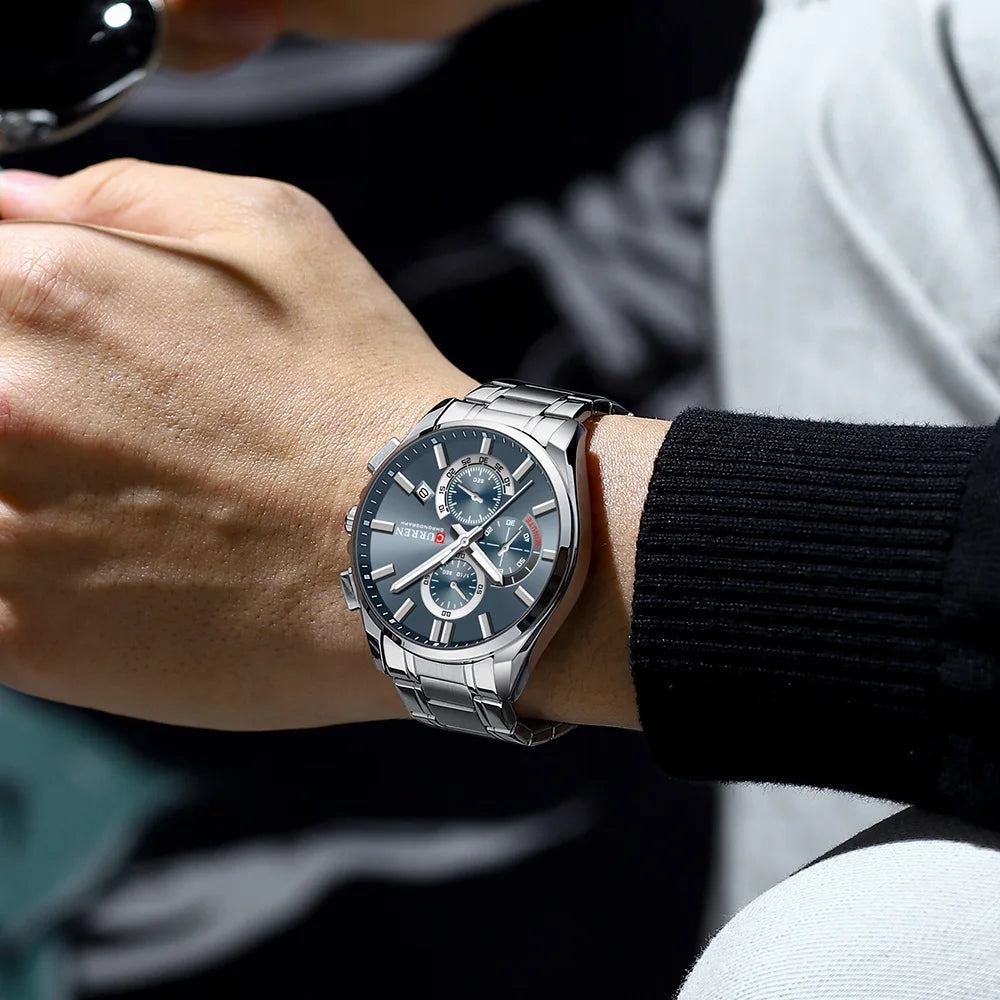 CURREN - Reloj cronógrafo de acero inoxidable para hombre con manecillas luminosas, tres subesferas, fecha automática, diseño moderno, de cuarzo