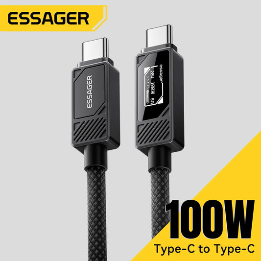 Cable USB tipo C Essager de 100 W, PD 5 A, carga rápida, para iPhone 16, 15, 14, MacBook, iPad, Samsung, Huawei, pantalla digital