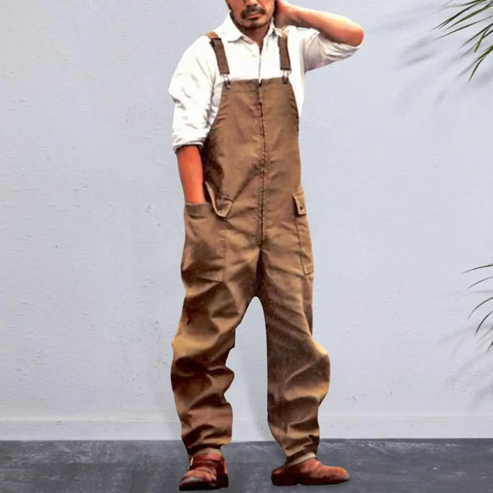 Mono vaquero para hombre, estilo retro informal, con múltiples bolsillos, peto vaquero, pantalón largo con tirantes, estilo urbano.