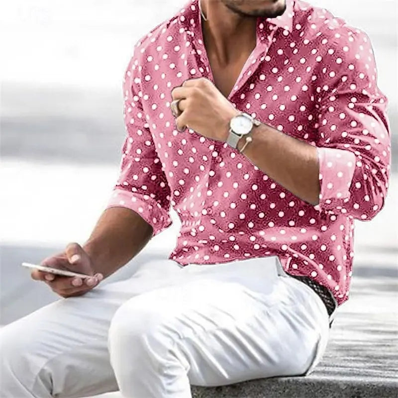 Nueva camisa casual de hombre, popular, a rayas, manga larga, estampado de lunares 3D de lujo, tallas XS a 5XL, corte oversize.