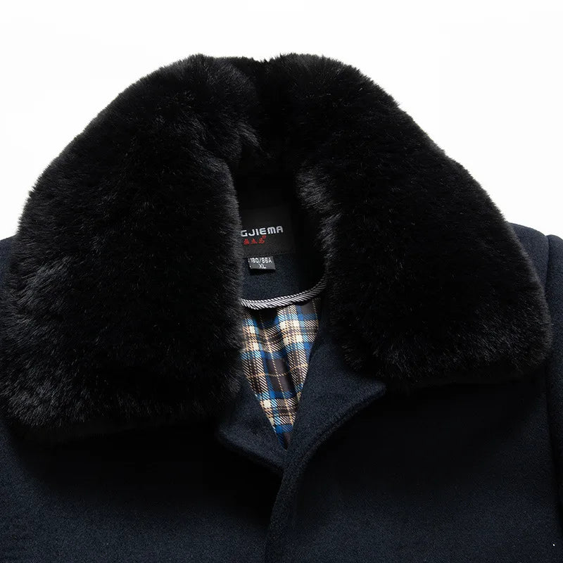 Abrigos de lana con cuello de piel para hombre, estilo informal de negocios, chaquetas extralargas de cachemir, gabardinas de invierno, forro polar de alta calidad para hombre, mezcla de lana cálida