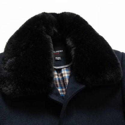 Abrigos de lana con cuello de piel para hombre, estilo informal de negocios, chaquetas extralargas de cachemir, gabardinas de invierno, forro polar de alta calidad para hombre, mezcla de lana cálida