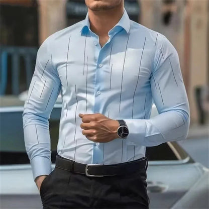 Camisa de manga larga de negocios para hombre, de alta calidad, cómoda, con botones, estilo elegante y a rayas.
