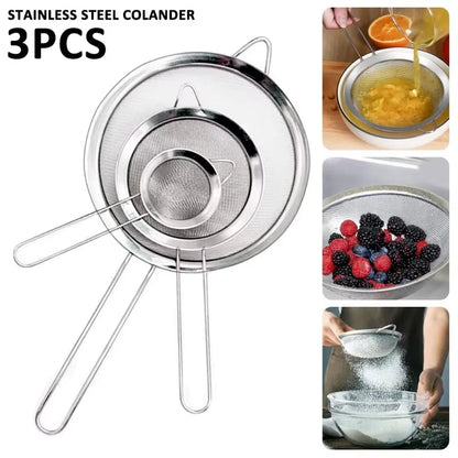 Filtro de malla de acero inoxidable con cuchara ranurada, esencial para la cocina, paquete de 3, colador de alimentos finos con mango largo para cocinar