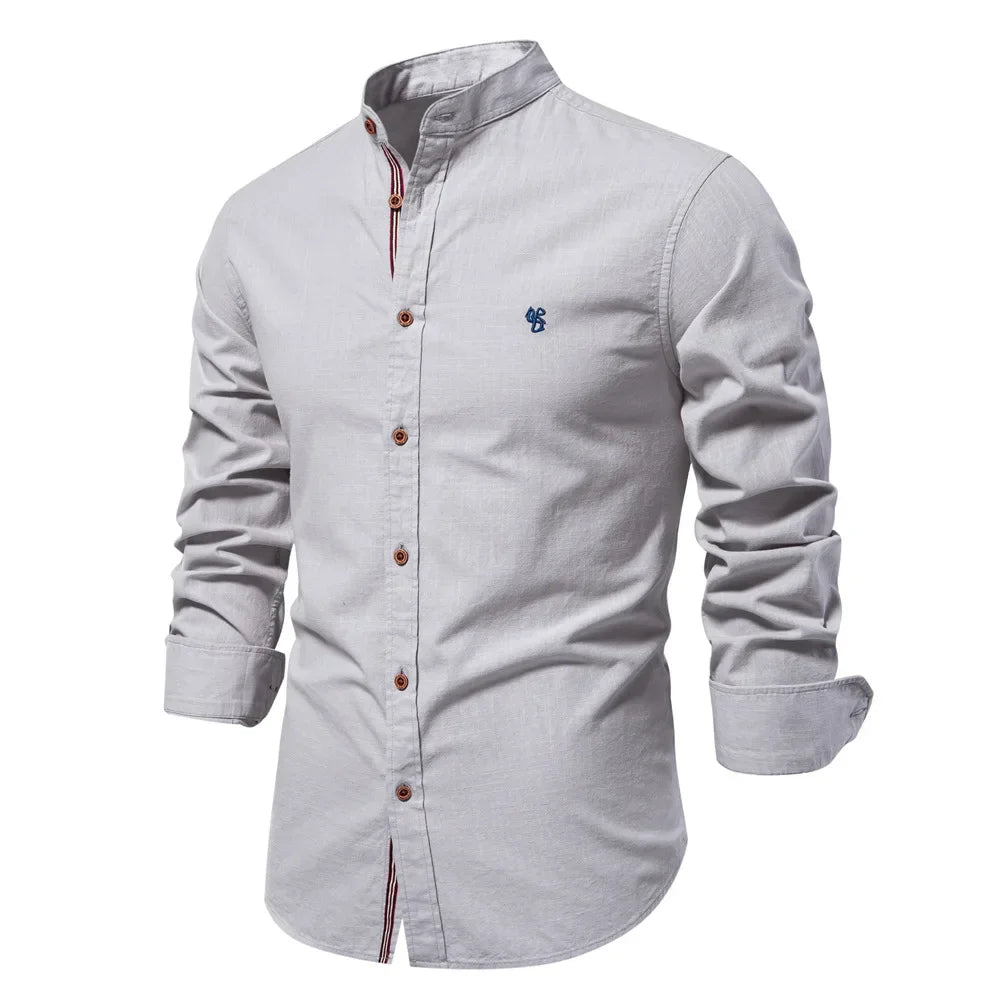 Camisa de lino 100% algodón para hombre, camisas de marca con bordado de color liso, blusas informales de manga larga de alta calidad con botones