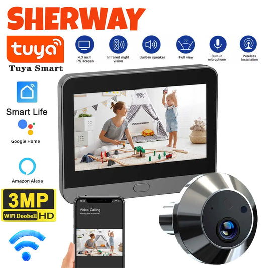 Videoportero Tuya con mirilla WiFi, FHD, 3MP, 4.3 pulgadas, detección de movimiento PIR, seguridad inteligente para el hogar.