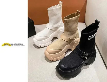 Botines de plataforma alta de 8 cm para mujer, botas cortas con suela gruesa y suela gruesa, antideslizantes, para motocicleta, para otoño