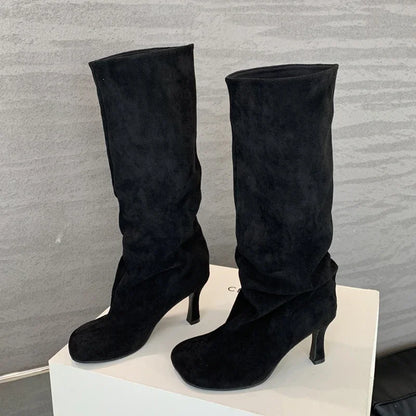 Botas de lujo para mujer, botas de invierno con punta redonda y tacón alto hasta la rodilla, estilo punk, botines largos para mujer