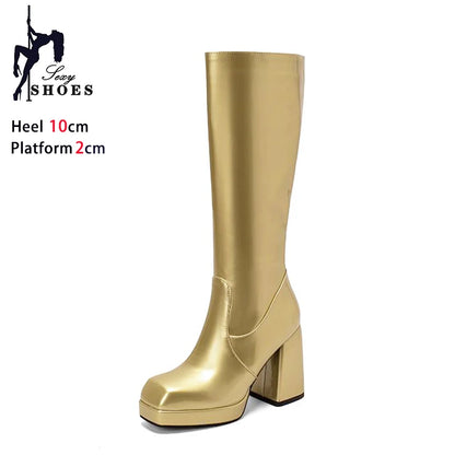 Botas altas impermeables para mujer, con plataforma de 10 cm y punta cuadrada, botines de invierno 2025 hasta la rodilla con tacón grueso, talla grande 43