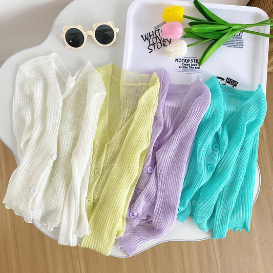 Ropa para niños, cárdigan de punto para niñas, novedad de verano 2025, estilo extranjero, camisa fina con protección solar para bebés.