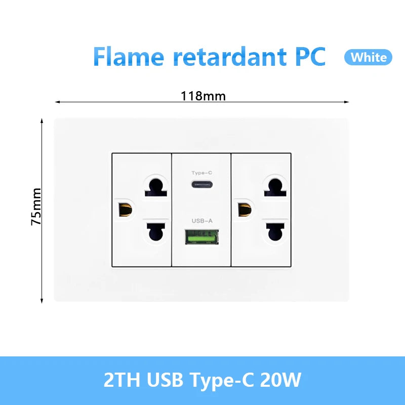 Enchufe de pared USB inteligente tipo C de 20 W con carga rápida para Italia, Chile y México; panel de interruptor de luz eléctrico de Brasil con toma USB-C universal.