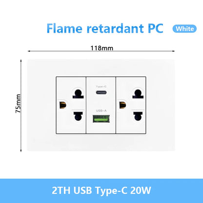 Enchufe de pared USB inteligente tipo C de 20 W con carga rápida para Italia, Chile y México; panel de interruptor de luz eléctrico de Brasil con toma USB-C universal.
