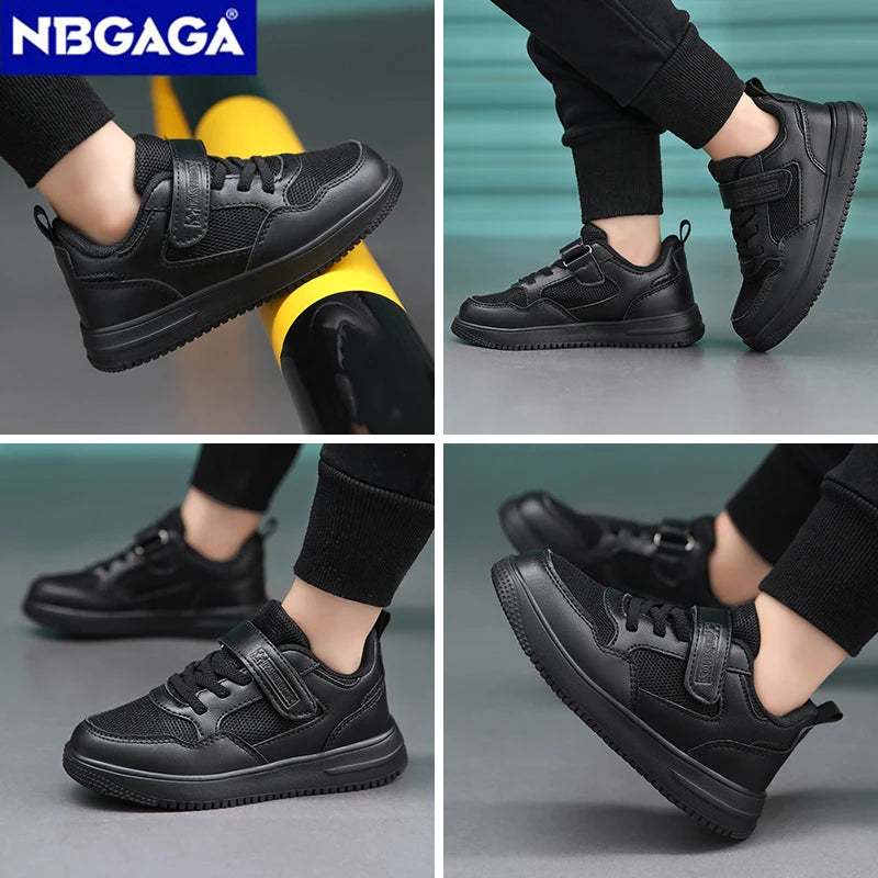 Zapatillas deportivas para niños, zapatos casuales para niños, zapatos planos de cuero negro para caminar para estudiantes, calzado deportivo ligero antideslizante para niñas, calzado de tenis