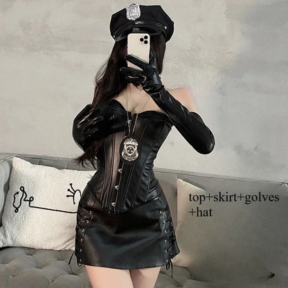 PU Leather Top and Skirt Set Vestido Strapless Top Shiny Hot Dress Tight Package Hip Queen Uniform Sexy Clubwear Cat Girl Set