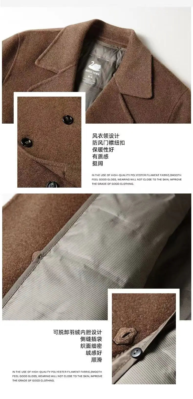 2025 Autumn/Winter New Men's 100% Wool Coat Knee length Double breasted Goose Down Inner Tank Thickened for Warmth