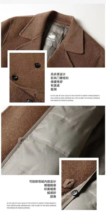 2025 Autumn/Winter New Men's 100% Wool Coat Knee length Double breasted Goose Down Inner Tank Thickened for Warmth
