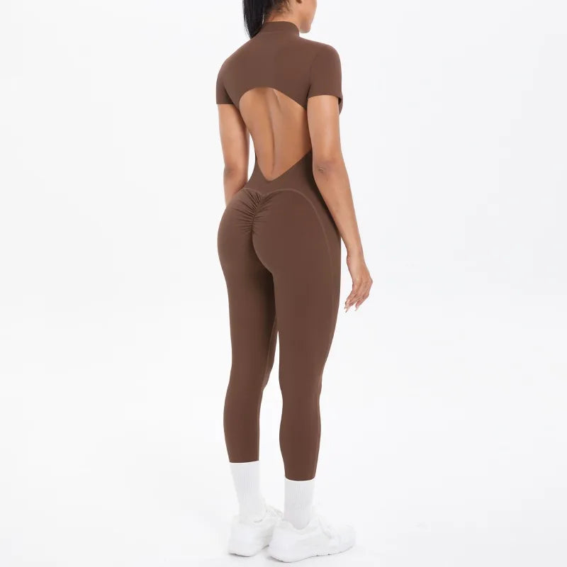 Mono deportivo de yoga sexy con cremallera frontal, espalda descubierta, manga corta, pantalones cortos, ropa deportiva para fitness, correr, gimnasio, yoga y actividades deportivas para mujer.