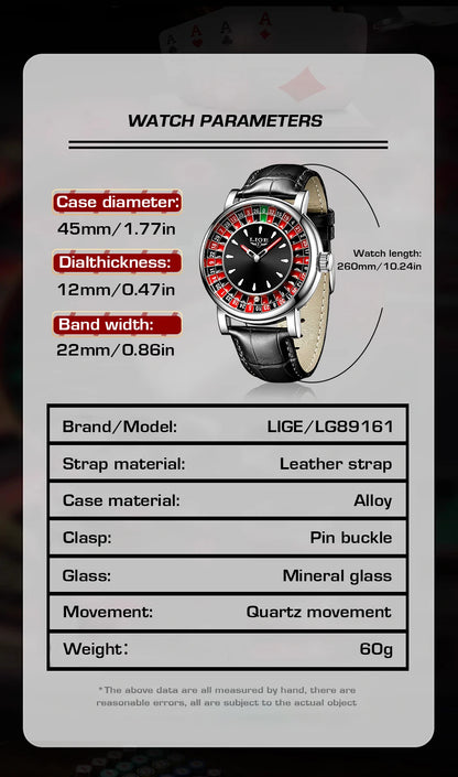 Reloj de Cuarzo LIGE para Hombre, Moda, Lujo, Diseño Creativo de Ruleta, Esfera de Juego, Correa de Cuero, Casual, Resistente al Agua, Regalo + Caja