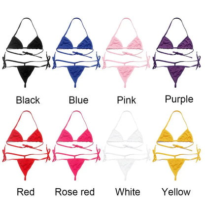 Conjunto de lencería sexy para mujer, top corto, sujetador y braguita, color liso, push up, tanga transparente