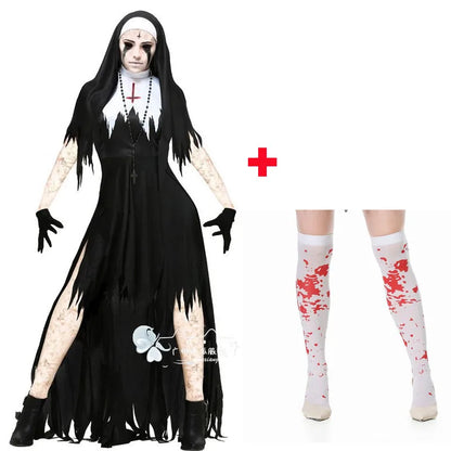Halloween Nun Cosplay Costume Women Black Vampire Fantasy Dress Terror Sister Party Disguise Female Fancy For Adults