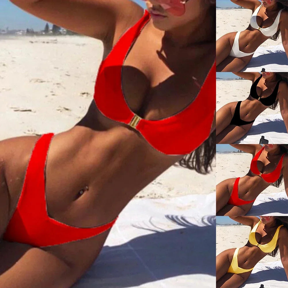 Conjunto de lencería sexy para mujer, sujetador y braguita, bañador de playa para uso diario, tanga elástica de cintura baja, traje de baño liso, ropa interior de bikini