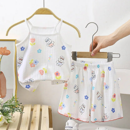 Conjuntos de ropa para bebé, conjuntos de tirantes de verano para niña pequeña, camisetas y pantalones cortos con estampado de algodón para bebé, conjuntos de chándal para recién nacido