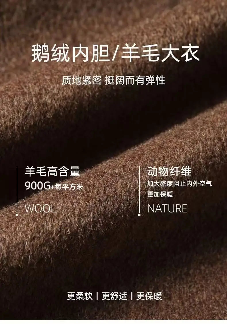 2025 Autumn/Winter New Men's 100% Wool Coat Knee length Double breasted Goose Down Inner Tank Thickened for Warmth