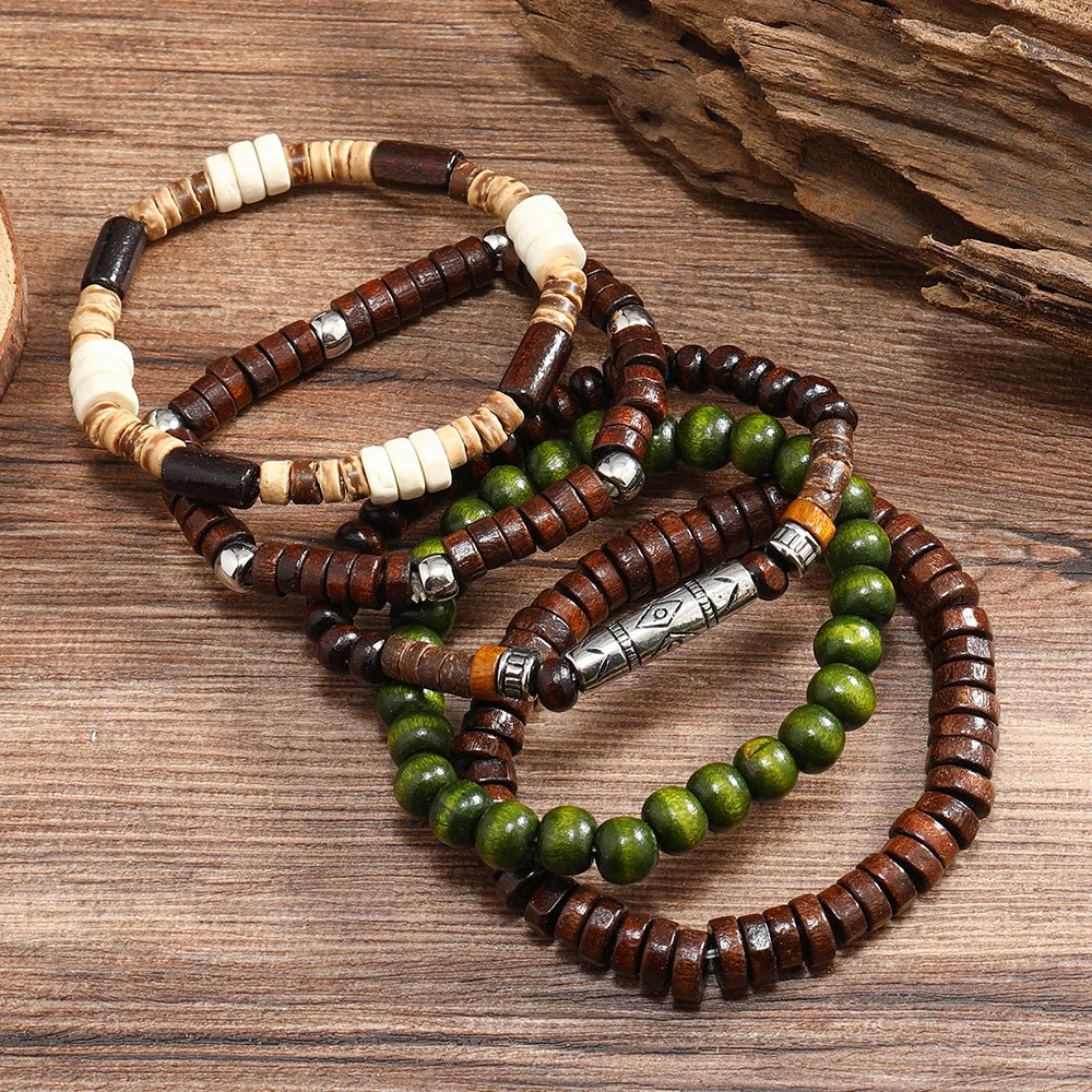 Pulsera para hombre, nueva pulsera retro multicapa de concha de coco con cordón elástico de varias piezas y cuentas de madera.