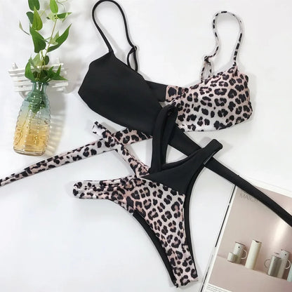 2025 Bikini sexy para mujer, traje de baño con estampado de leopardo y tirantes cruzados, conjunto de bikini para mujer, traje de baño push up, trajes de baño para mujer