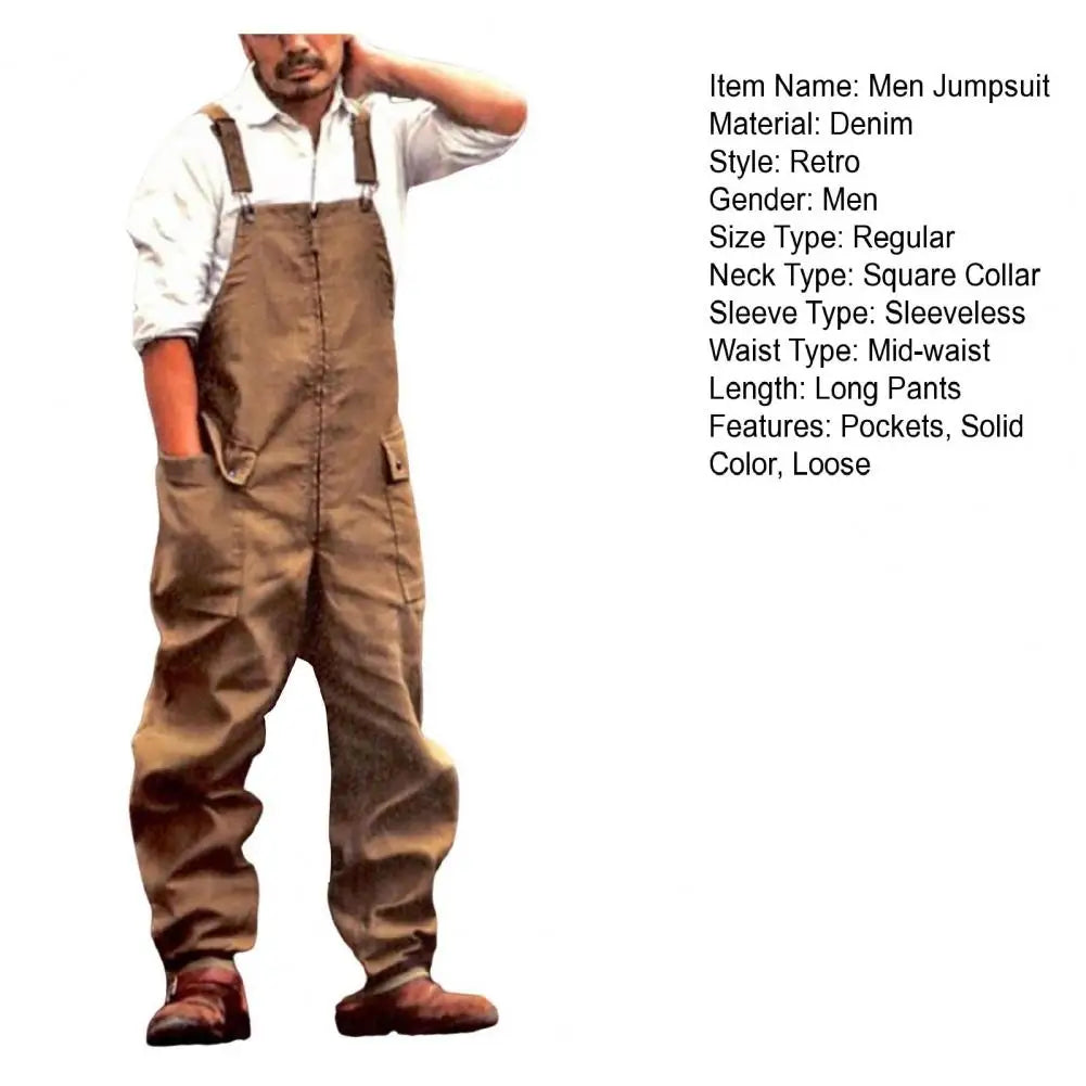 Mono vaquero para hombre, estilo retro informal, con múltiples bolsillos, peto vaquero, pantalón largo con tirantes, estilo urbano.