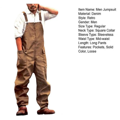 Mono vaquero para hombre, estilo retro informal, con múltiples bolsillos, peto vaquero, pantalón largo con tirantes, estilo urbano.